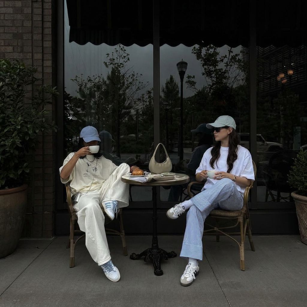 Two friends sitting at a café table outside, drinking coffee in casual clothes on an overcast day