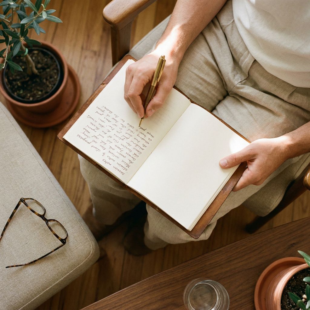Overhead view of a therapist's hands writing in a leather journal, with glasses and a glass of water nearby