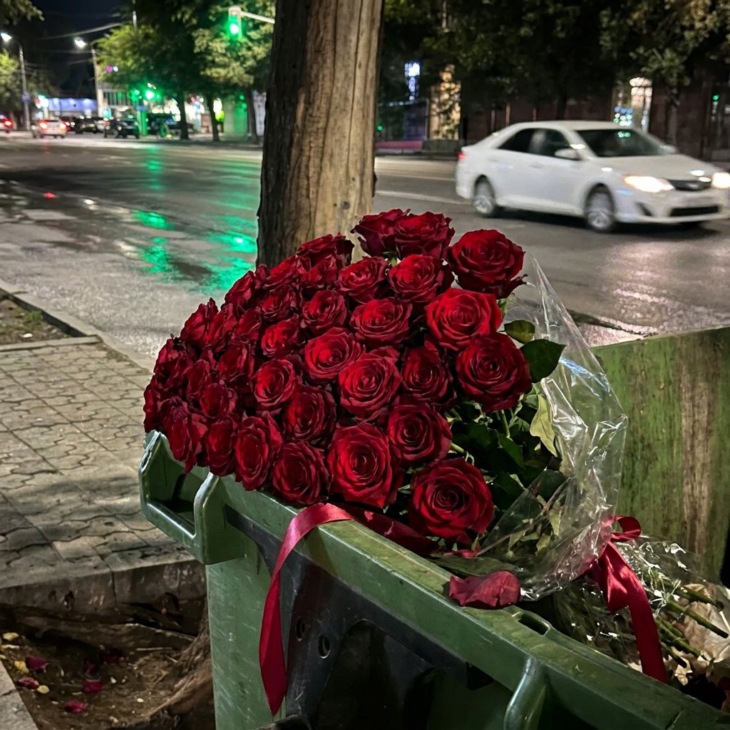 A bouquet of red roses in a green trash bin on a wet city sidewalk at night, ribbon trailing over the edge