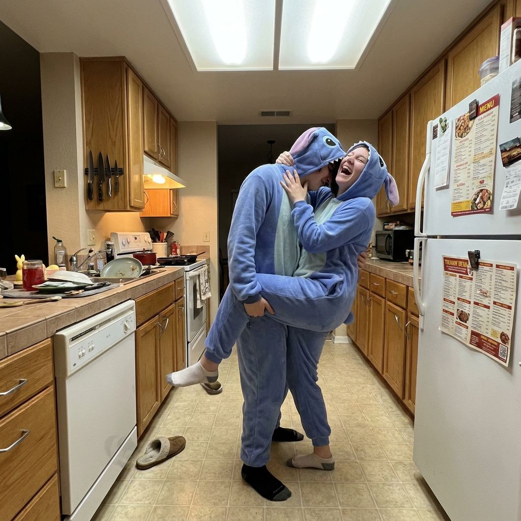 Couple in matching blue onesies playfully wrestling in their kitchen at night, laughing