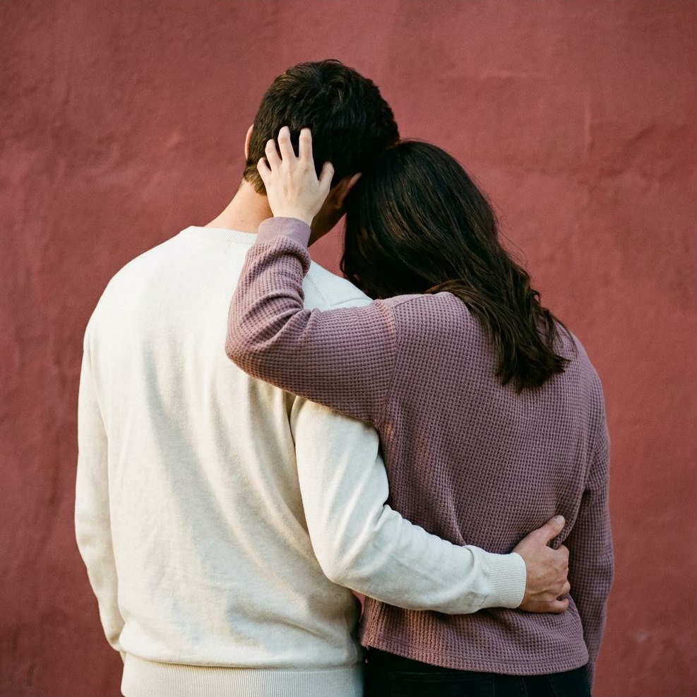 Couple embracing from behind against a terracotta wall. She holds the back of his head, his arm wraps her waist