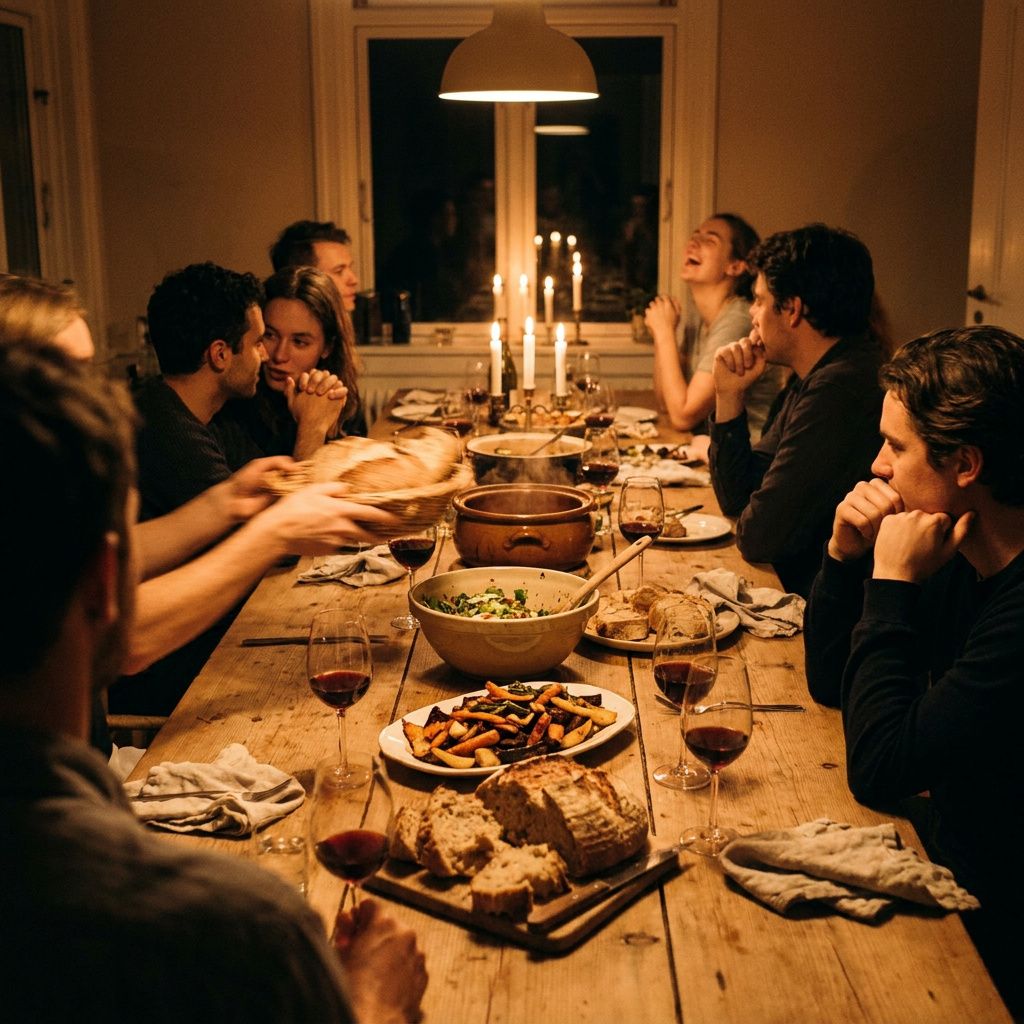 Group of people gathered around a candlelit dinner table, sharing a meal with wine, bread, and conversation