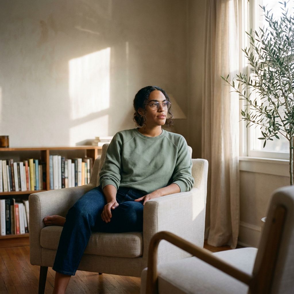 Woman in glasses and sage sweater sitting in an armchair in a sunlit therapy room with bookshelves and an olive tree