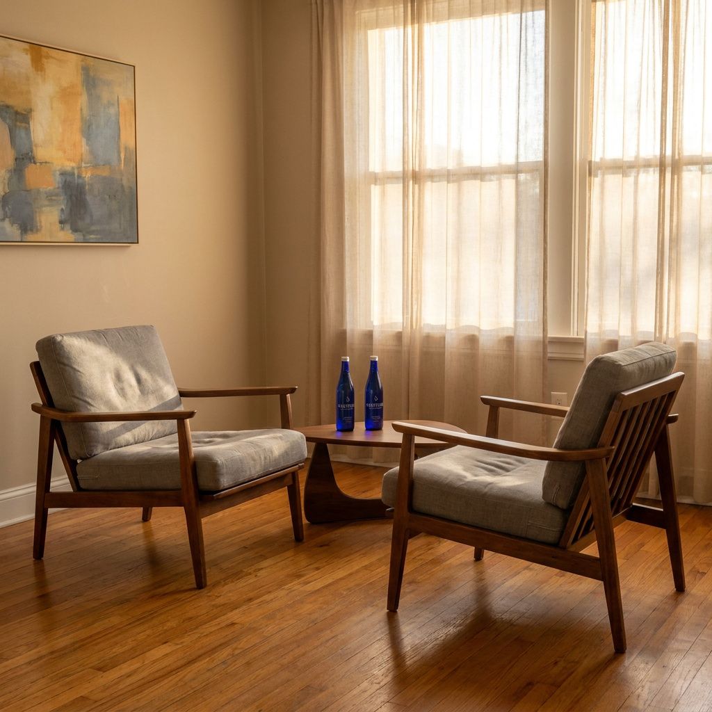 Two armchairs face each other in a warm therapy room with hardwood floors, two blue water bottles on the table between them