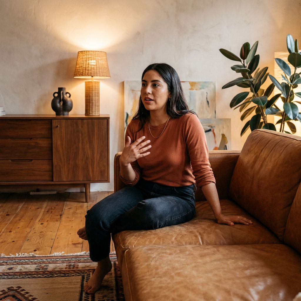 Woman in a clay-colored top speaking from a cognac leather sofa in a warmly lit therapy room with plants and art