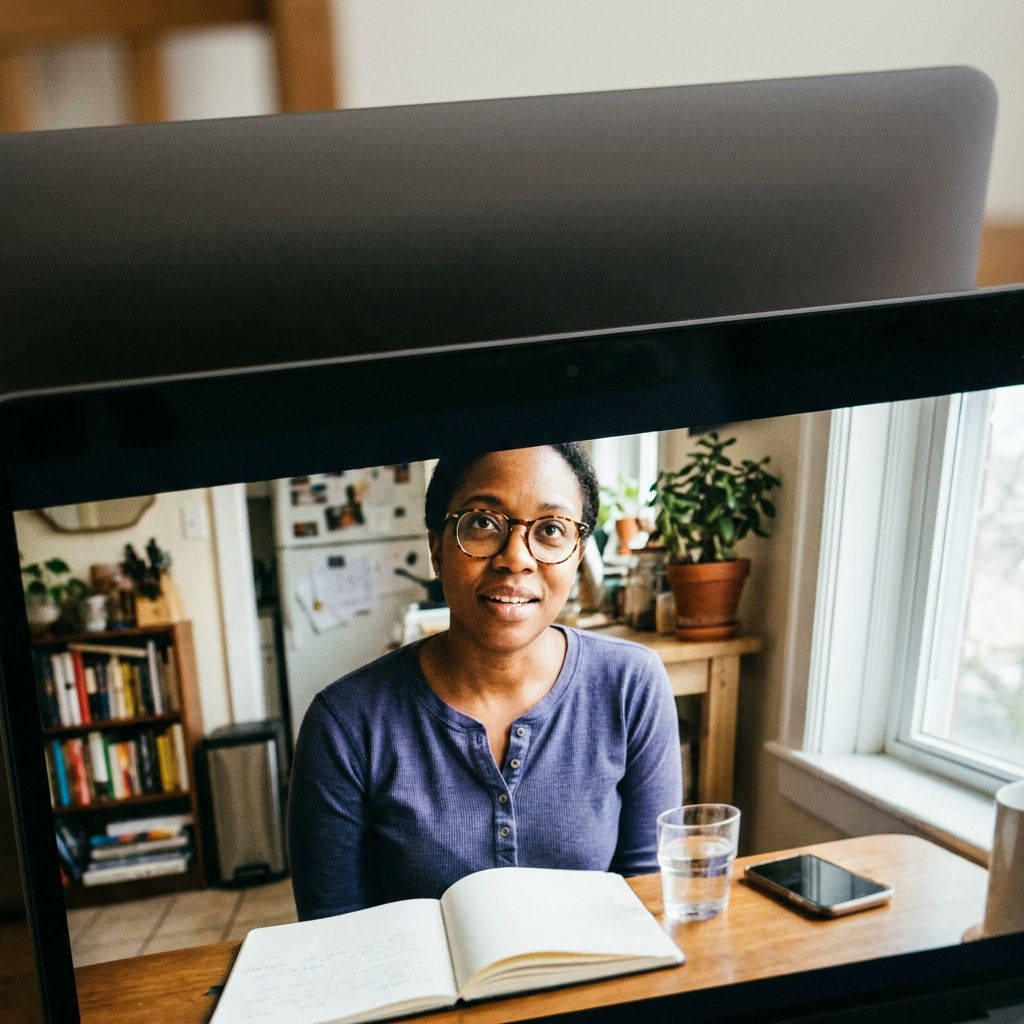 Woman on a video therapy call, seen through her computer screen, sitting at a kitchen table with a notebook and glass of water